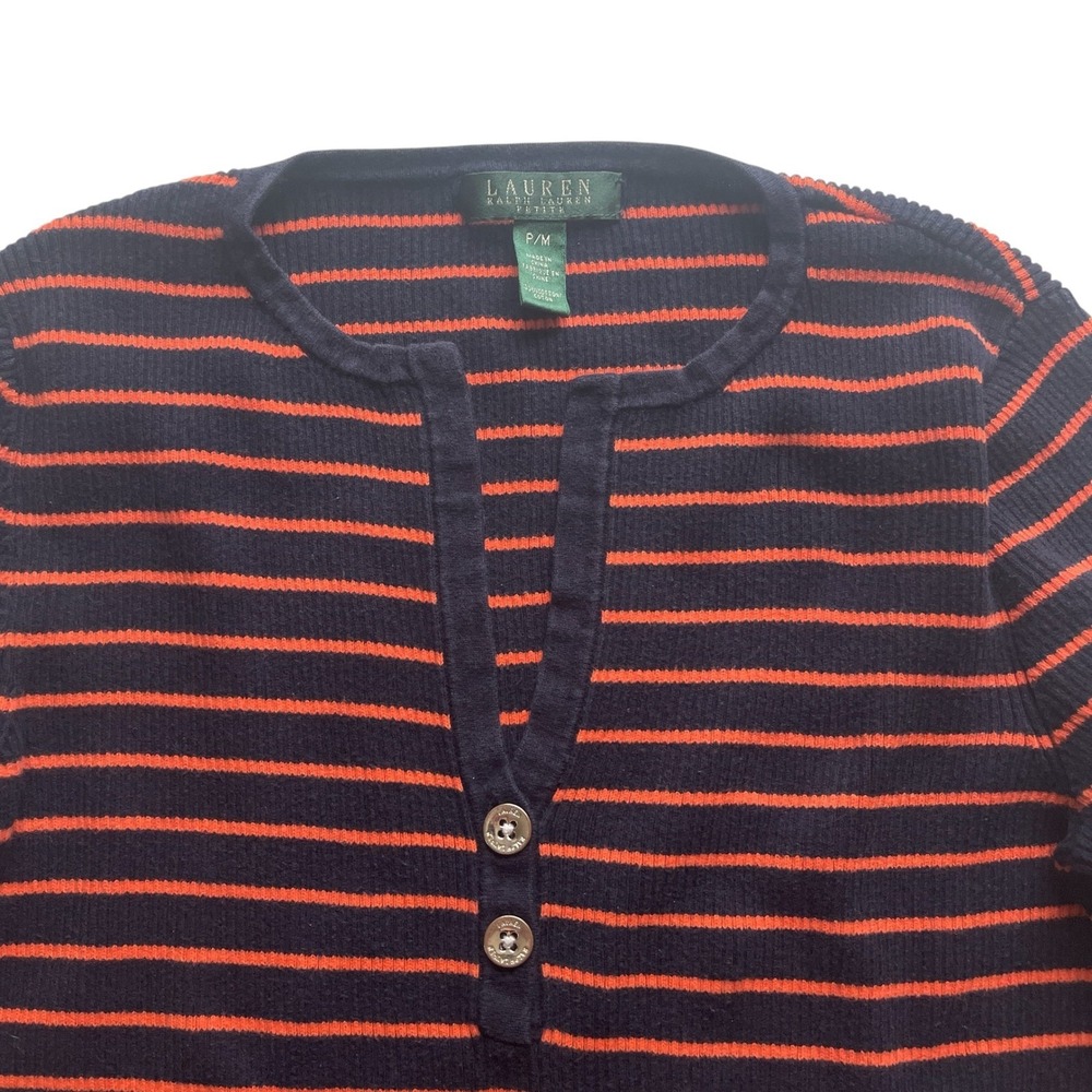 Lauren Ralph Lauren Henley Top Womens P/M Blue Orange Striped 3/4 Sleeve Preppy